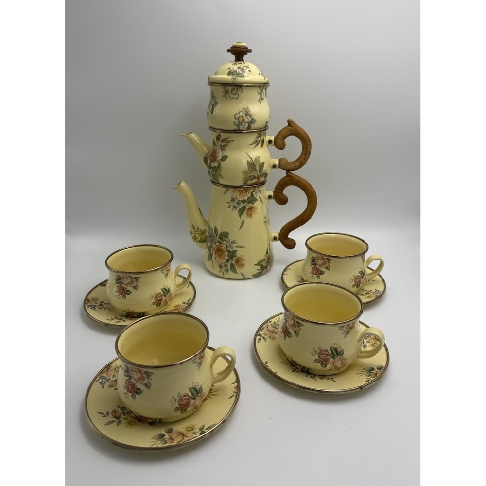 Vintage Victoria and Richard MacKenzie Childs Floral Enamelware Tea Set 12 Piece